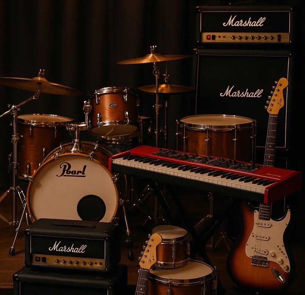 Set de batería, teclado y guitarra